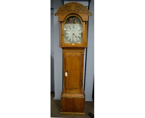 Hallam, Nottingham - a 19th Century pine longcase clock, the 12inch white enamel dial, with Roman hours and biblical scene pa