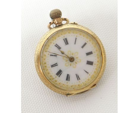 A 12ct gold ladies keyless fob watch with white enamel fancy dial and with botanical study in enamel to the case