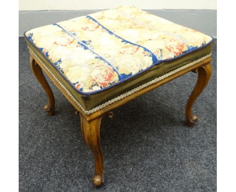 A square walnut framed tapestry-top footstool on cabriole supports