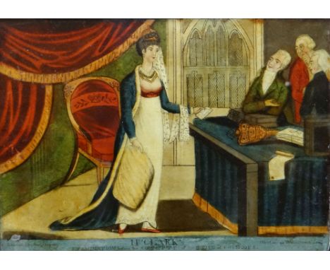Coloured antique print on glass, entitled 'Mrs Clark's Examination before the Committee of the House of Commons' 10.25 x 14.2