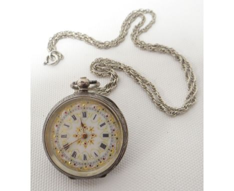 A silver ladies fob watch having floral chased case and white enamel fancy dial