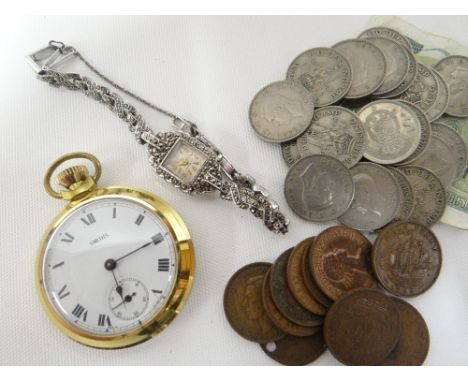 A tin of loose coinage, a marcasite cocktail watch, modern reproduction pocket watch etc