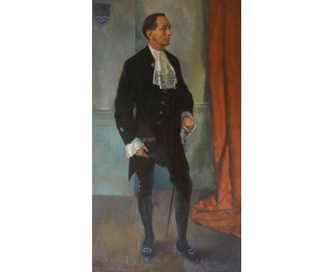 COLIN JONES oil on board - full portrait of standing gentleman in ceremonial dress, signed and with partial Royal Society of 