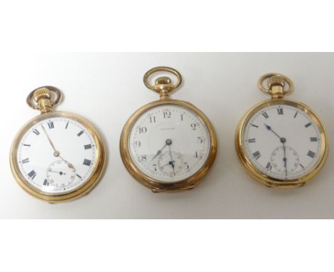 Three gold-plated pocket-watches comprising Waltham with floral chased case, and Dennison 'SUN' and 'STAR' with plain cases