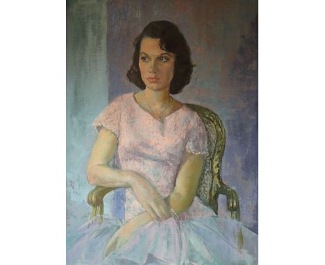 COLIN JONES oil on board - seated lady portrait, entitled verso on Royal Society of Portrait Painters label 'Miss Susan Lowe'