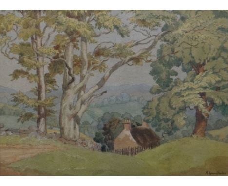 H EYNON DAVIES watercolour - house and landscape entitled verso 'A Tapestry of Trees' signed, 10.5 x 14ins (27 x 36cms)