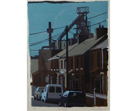 SARAH HOPKINS print - limited edition (5/10) silkscreen print entitled 'Port Talbot, a terraced street scene with view of bla