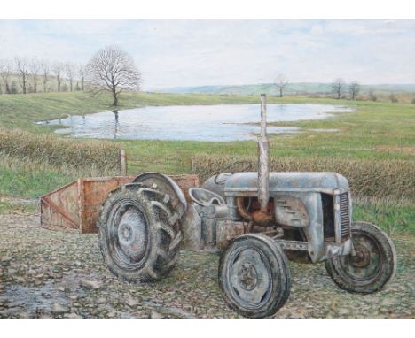 ALEX WILLIAMS oil on canvas - old tractor in farmland, signed, 32 x 44ins (81 x 112cms)