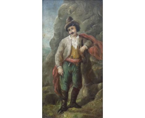 EIGHTEENTH CENTURY ITALIAN SCHOOL oil on board - standing portrait of a sailor with pistol, 16 x 8.25ins (41 x 21cms)
