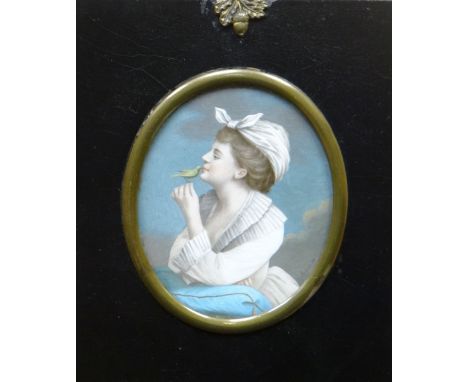 NINETEENTH CENTURY BRITISH MINIATURIST possibly on ivory - fine portrait of a lady leaning on a cushion and with small bird p