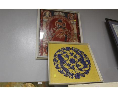 2 eastern framed prints, one of deities