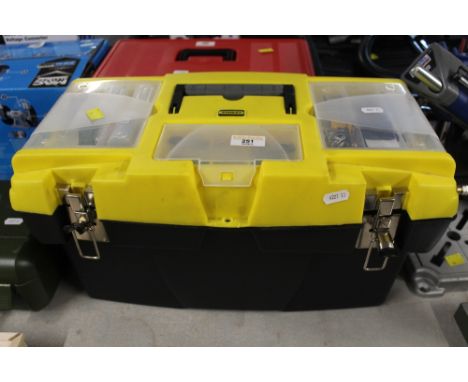 A yellow and black Stanley tool box with an extensive collection of craft tools 