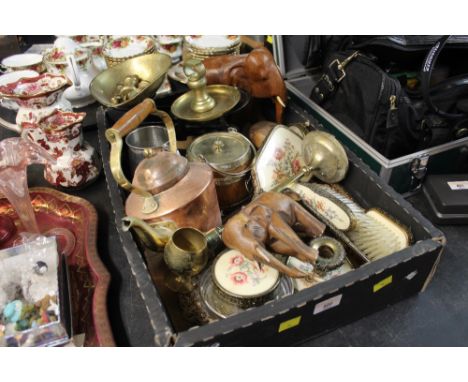 A box of embroidered dressing table set, a 19th century copper and brass kettle, elephant ornaments, scales with weights and 