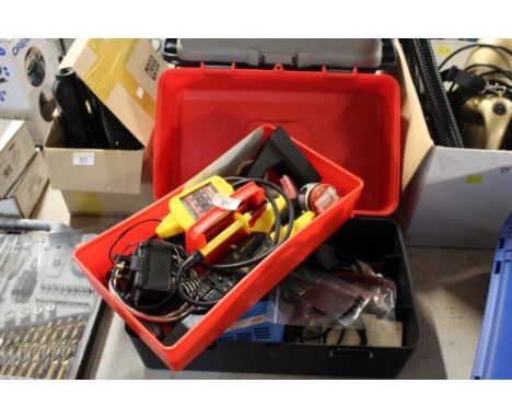 A box of electrical tools including a Draper soldering iron