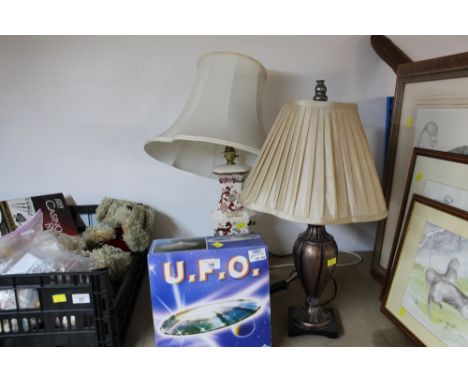 A Masons table lamp, another decorative lamp and a UFO Fibre Optic lamp