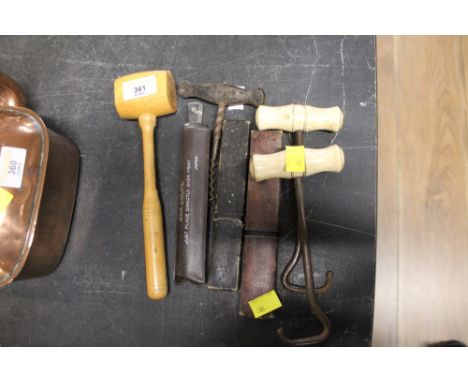 A group of vintage French gavel or hammer, a corkscrew, bar loupe, cut throat razor, and other items 