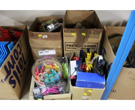 4 boxes of stationery to include tub of scissors, ticket guns, red tape, and other items