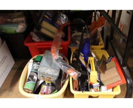 4 boxes of household items, DIY accessories to include roller and tray set, paint brushes etc