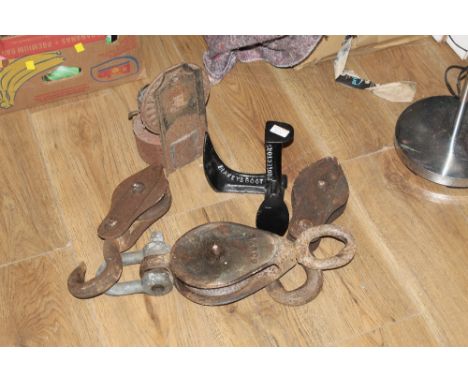Shoe last, pulleys Vintage lamp etc