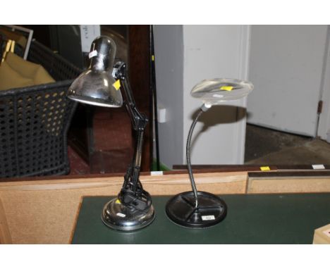 A chrome anglepoise desk lamp together with a Coil magnifier 