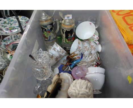 A box of German musical stein, floral china tea set, Caithness glass vases, and plaster busts