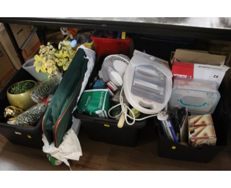 3 tubs of household items to include electric fan, electric heater, artificial plants with vases and light bulbs