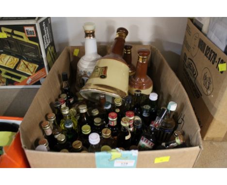 A box of alcohol miniatures and whiskey bells to include a Bells Old Scotch Whiskey Bell