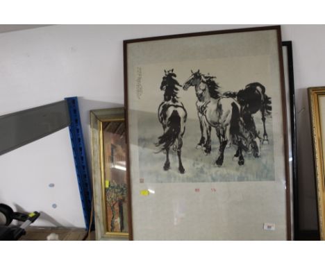 2 framed oriental prints and street scene print 