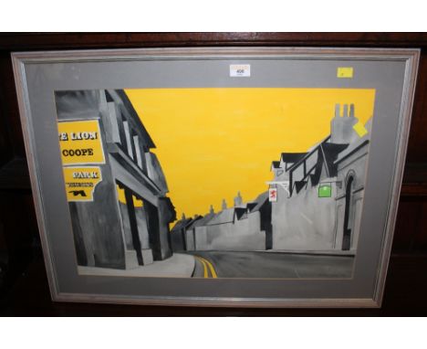 A framed and mounted contemporary street scene print, signed to the bottom right 72cm long x 53cm tall
