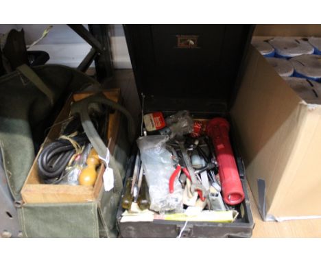 A canvas bag and a box of mixed tools 