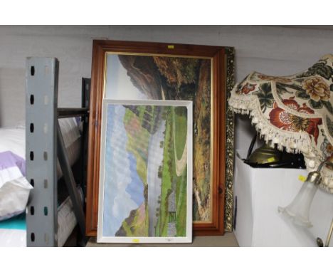 A framed painting on board of Wastwater signed Quinten, a framed print of ship, together with  landscape and hunting scene pr