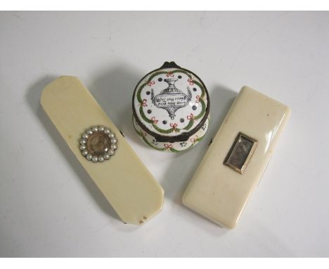 Two Georgian ivory Patch Boxes inset locks of hair and an enamel Box with inscription
