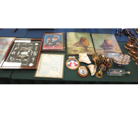 Seafaring memorabilia including two cameo Conch Shells, glass Floats, two Ships in Bottles, two Plaques Brecon & Torquay, bra