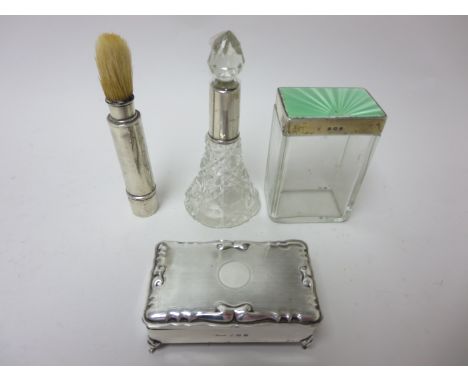 A George V silver oblong Trinket Box, Birmingham 1911, a Shaving Brush, Birmingham 1903, silver and enamel glass Jar and silv