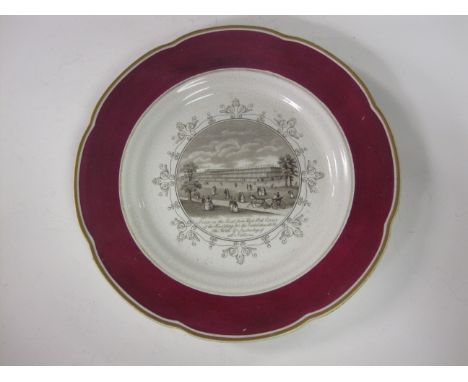 A Staffordshire porcelain Plate, a sepia print of "A View of the road from Hyde Park Corner of the Building for the Exhibitio