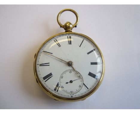 An open faced Pocket Watch the white enamel dial with roman numerals and subsidiary dial in 18ct gold case