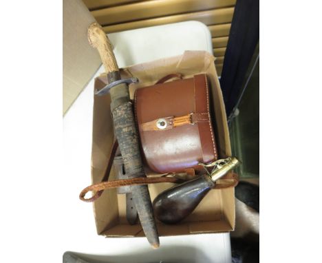 A leather and brass antique Powder Flask, antler handled Hunting Knife in Scabbard, leather belt knife Holder and a pair of B