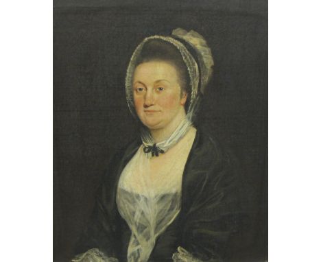 ENGLISH SCHOOL CIRCA 1780. Portrait of a Lady, half-length, wearing a black dress and white head-dress, oil on canvas, 30 x 2
