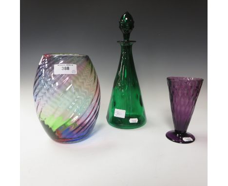 A Steven and Williams Wrythen glass Rainbow Vase, a Richardson's moulded amethyst glass Vase, acid etched to base and a Webb'