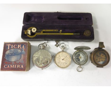 A brass Measuring Instrument by Stanley, Great Turnstile, Holborn, London, Agent, No 33554, in case, a "Ticka" Watch Camera, 