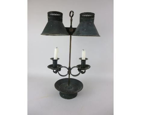 A painted metal Student's Lamp with two adjustable candle branches and shades on brass central column and circular base, 20in