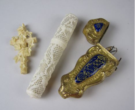 A gilt metal and blue enamel Etui containing scissors and stiletto (some tools missing), 4in, an Oriental carved and pierced 