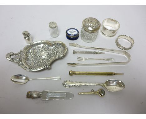 A Victorian silver owl Bookmark, London 1899, a Trinket Dish, Birmingham 1891, Sugar Tongs, Napkin Rings, Scent Bottle, embos