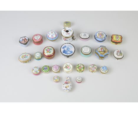 A collection of approx twenty five enamel and porcelain Pill Boxes including six Halcyon Days, three Bilston and Battersea En