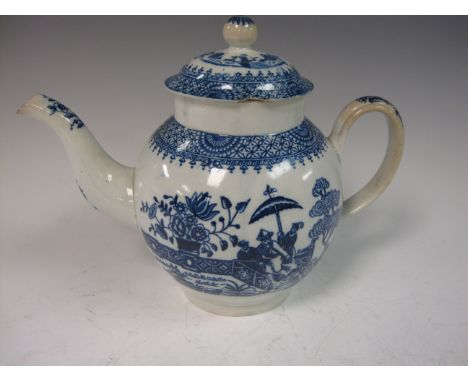 A 19th Century blue and white globular Teapot with transfer print, chinoiserie figure in a garden, and other figures in a pag
