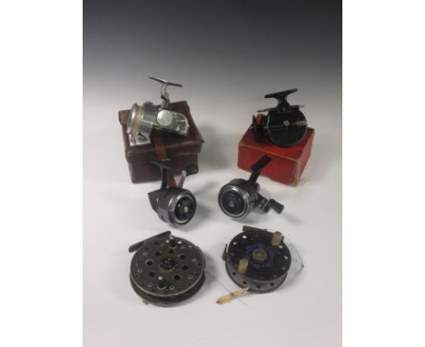 A boxed Hardy 'Altex' Reel, a boxed Allcock-Stanley Light Casting Reel, a Young Ltd Avon Crown Reel, another Avon Reel, two A