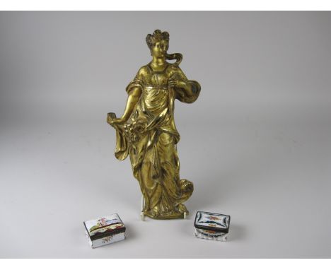 Two enamel Snuff Boxes painted flowers and boat, both A/F and a French ormolu 'Four Seasons' Figure, 13in