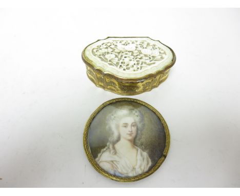 A 19th Century gilt metal lozenge shaped Box with inset floral carved ivory lid, no base, and a circular Bust Portrait Miniat