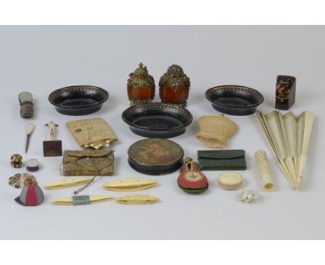 A 19th Century tortoiseshell Needlecase formed as a miniature knife box, various bone and mother of pearl Winders, a bone Fan