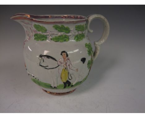 A 19th Century moulded Jug with oak leaf decoration, hunting scene with hounds attacking deer, pink lustre decoration, 6in H
